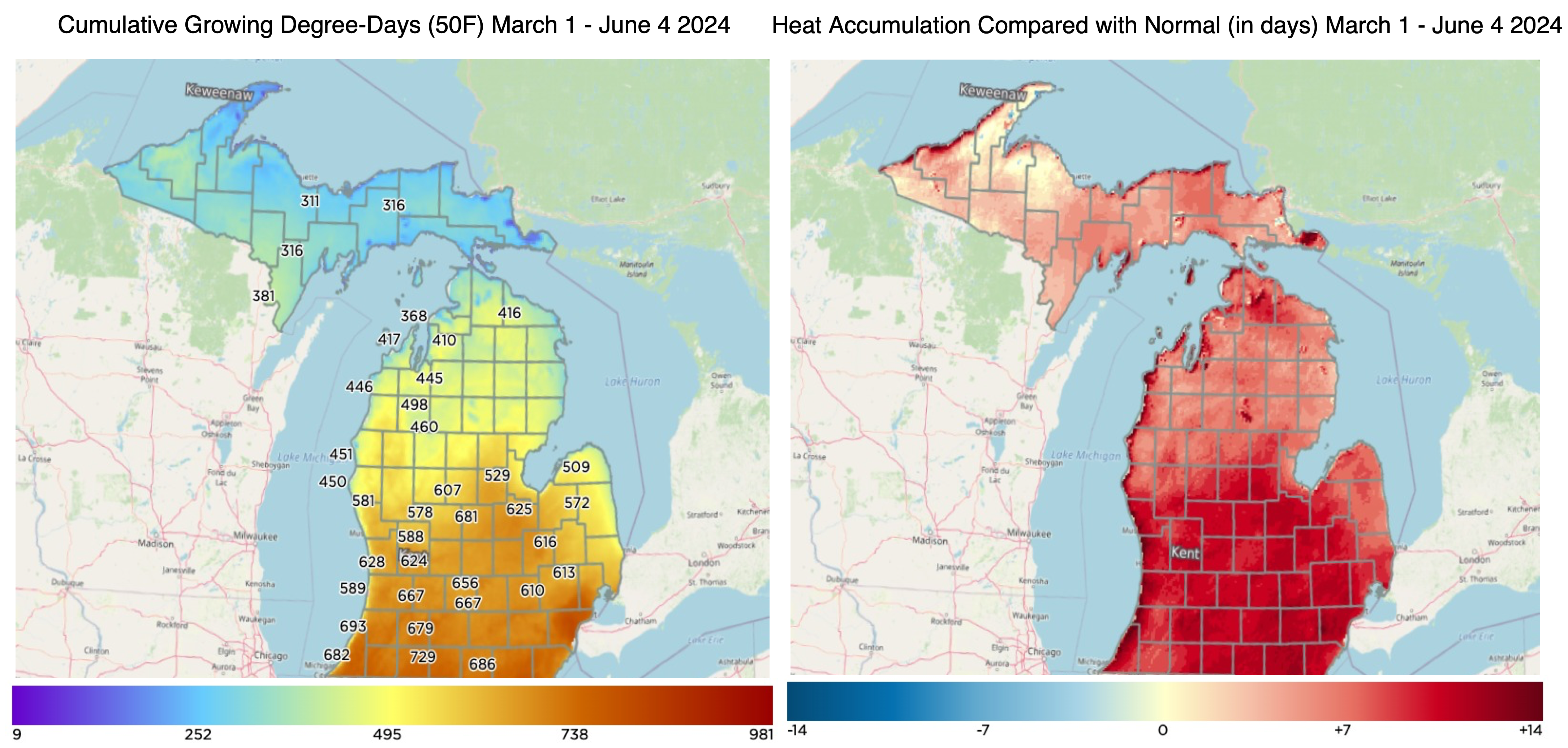 Enviroweather cumulative growing degree days, Enviroweather heat accumulation.